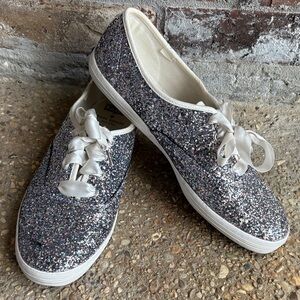 Keds Kate Spade Silver Glitter Ribbon Lace Sneakers 10 WF57830